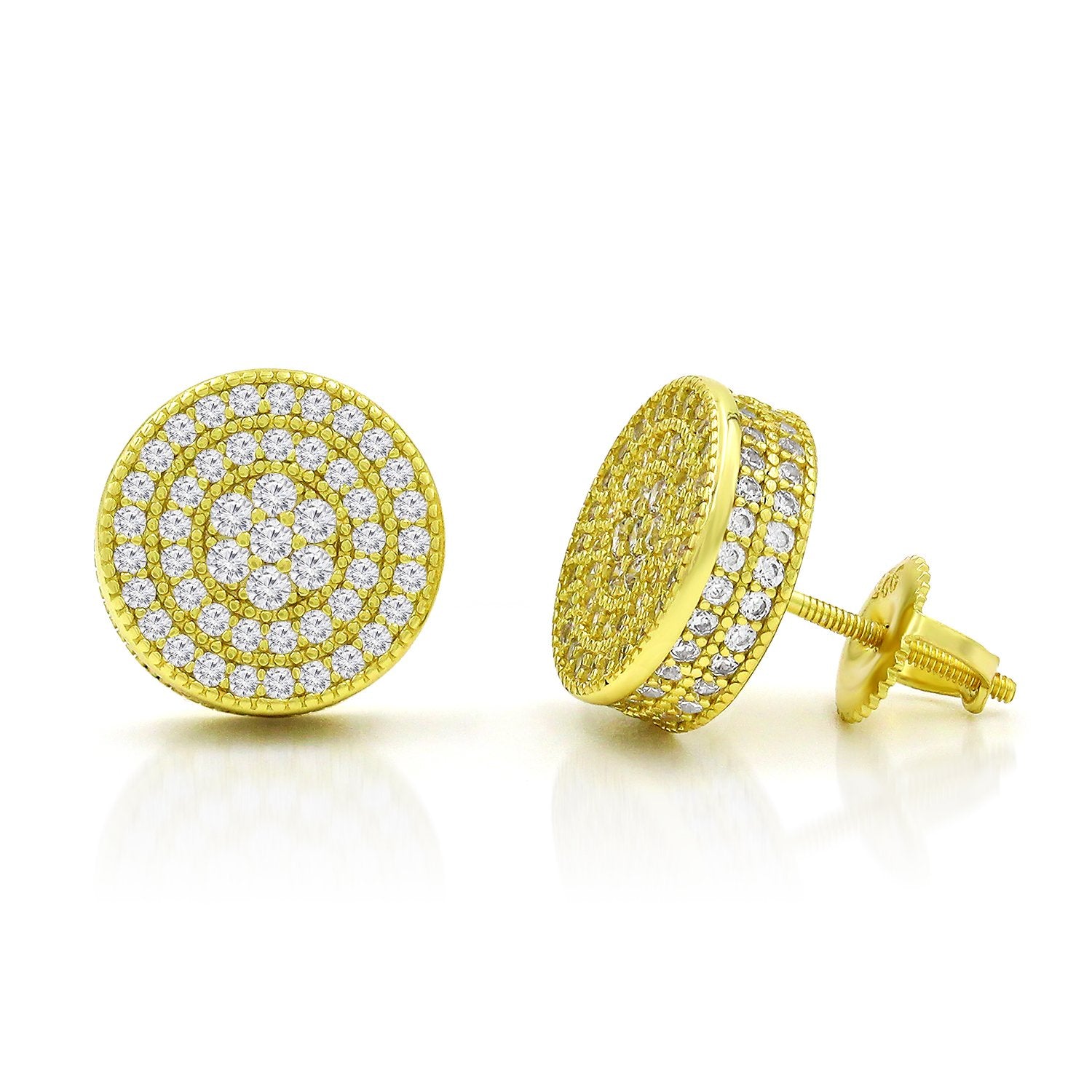 925 Sterling Silver Unisex Micro Pave Round Disc Screw Back Stud Earrings, Gold